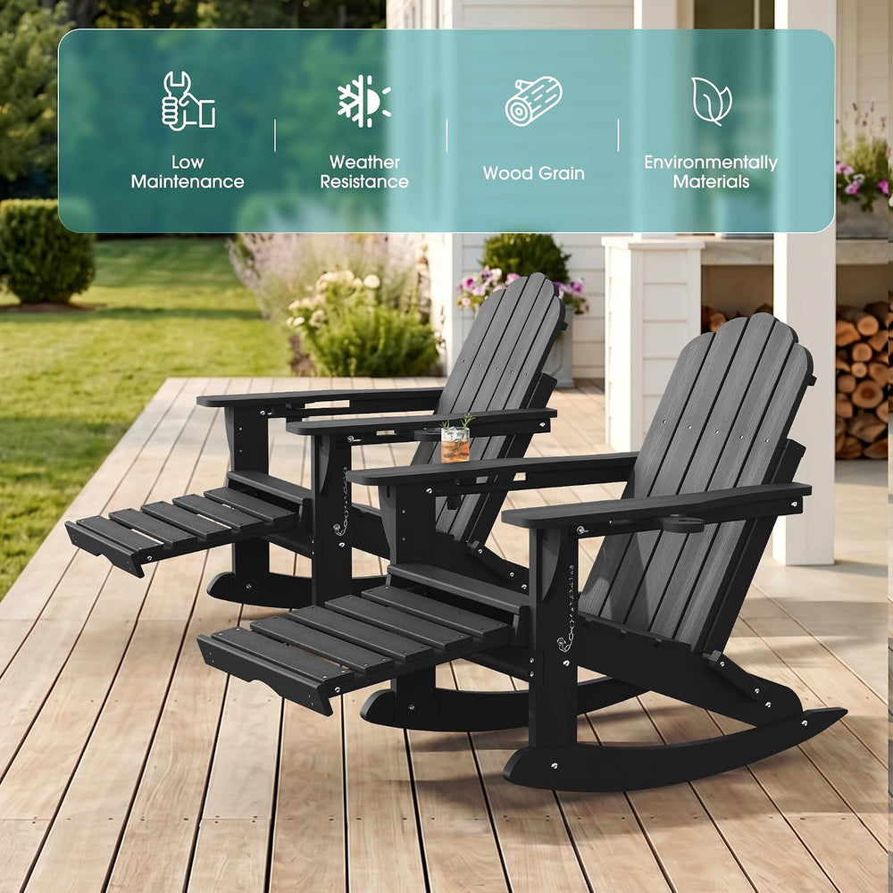 Ciokea Rocking Adirondack Chairs Set of 4 with Retractable Ottoman (Black)