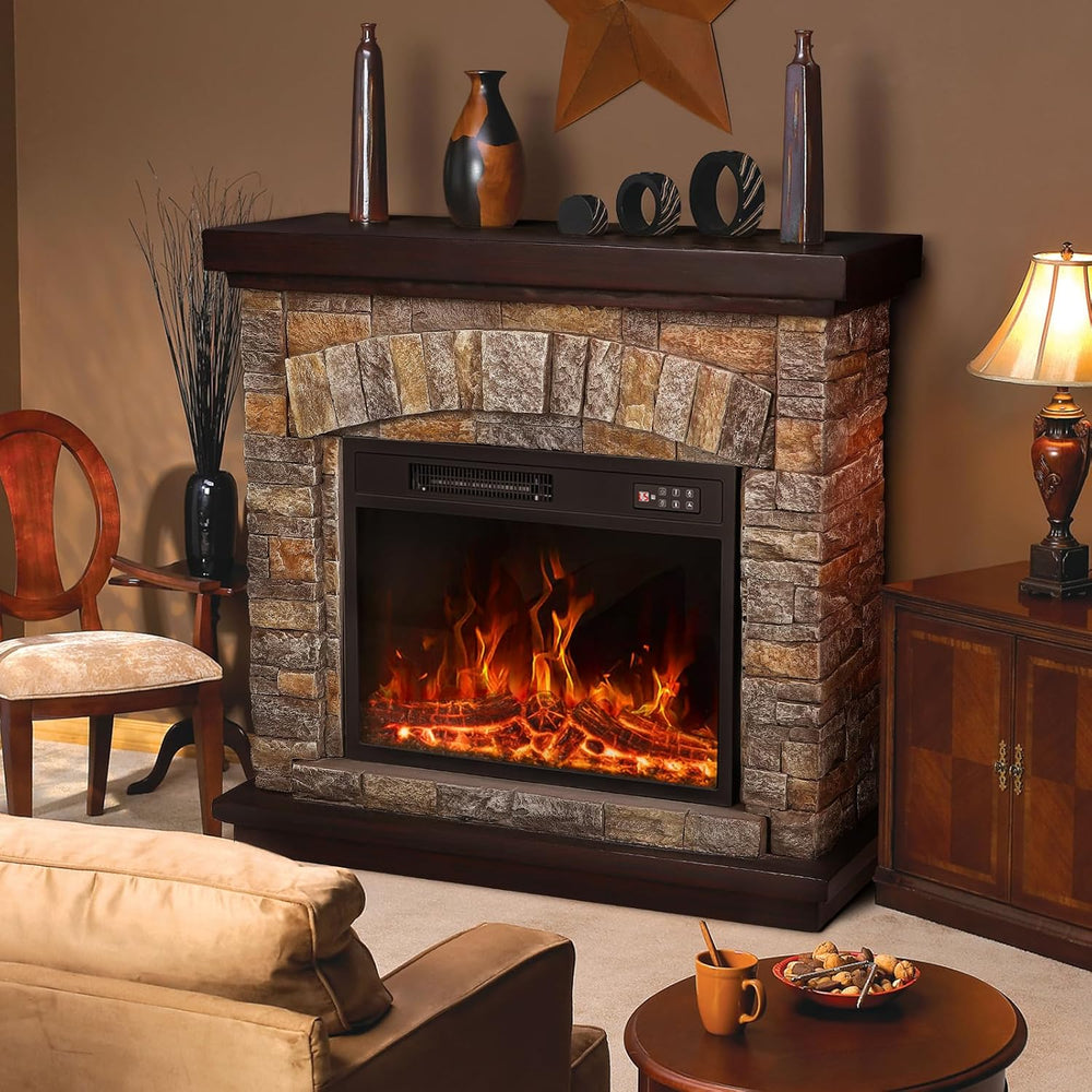 PUKAMI Electric Fireplace with Mantel, Realistic Stone Finish Freestanding He...