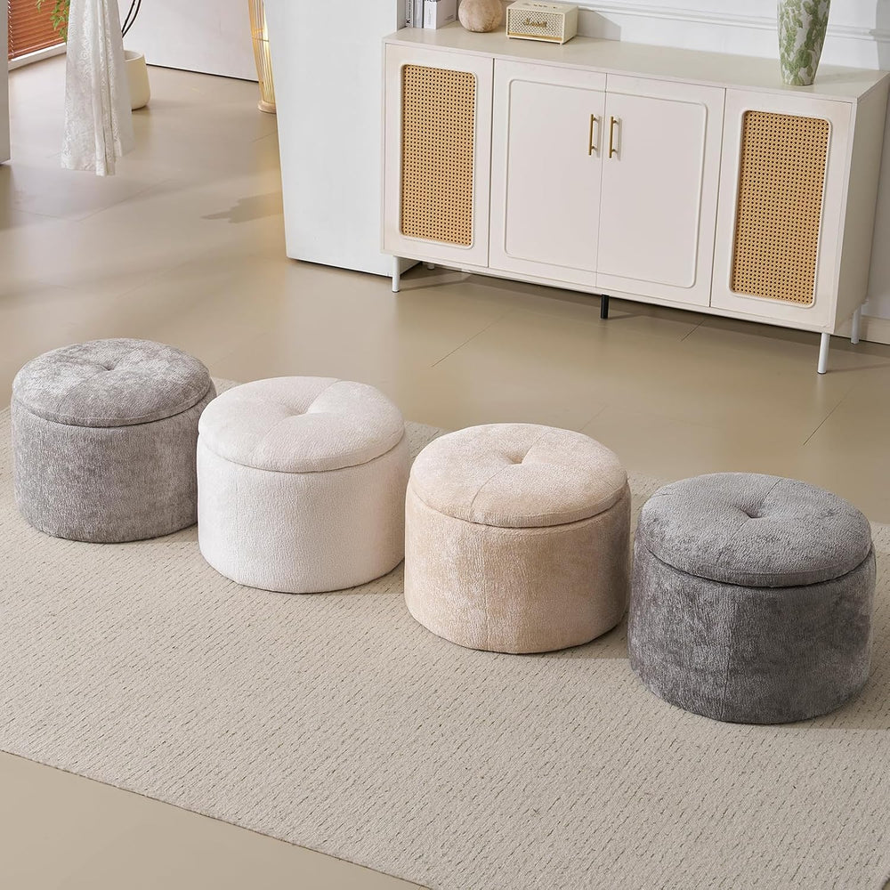 Modern Round Storage Ottoman with Reversible Tray Lid,Chenille Ottoman Foot S...