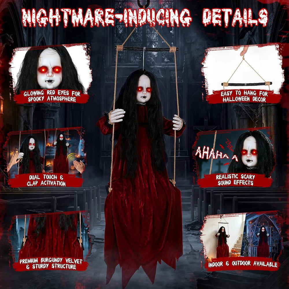 56'' Hanging Swinging Ghost Doll Girl Halloween Decorations Outdoor I...