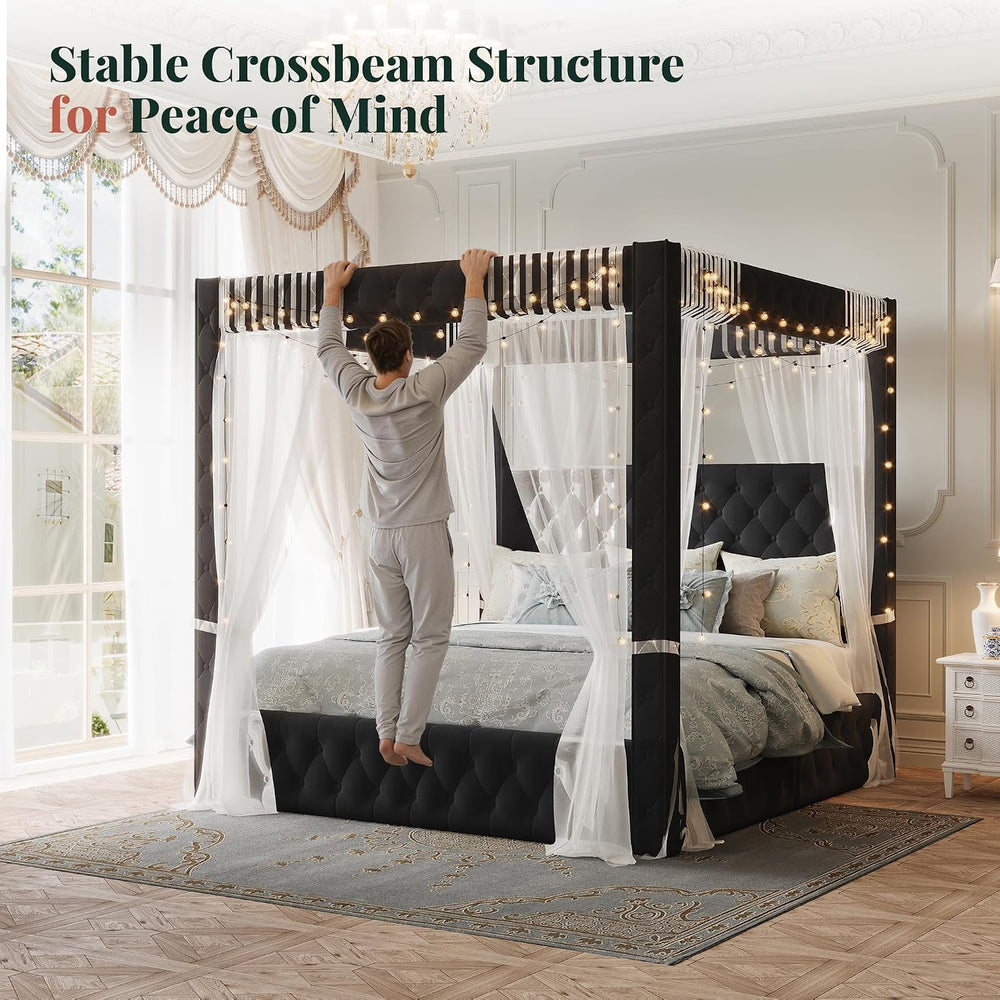 Jocisland Queen Canopy Bed Frame Velvet Upholstered Headboard, Black