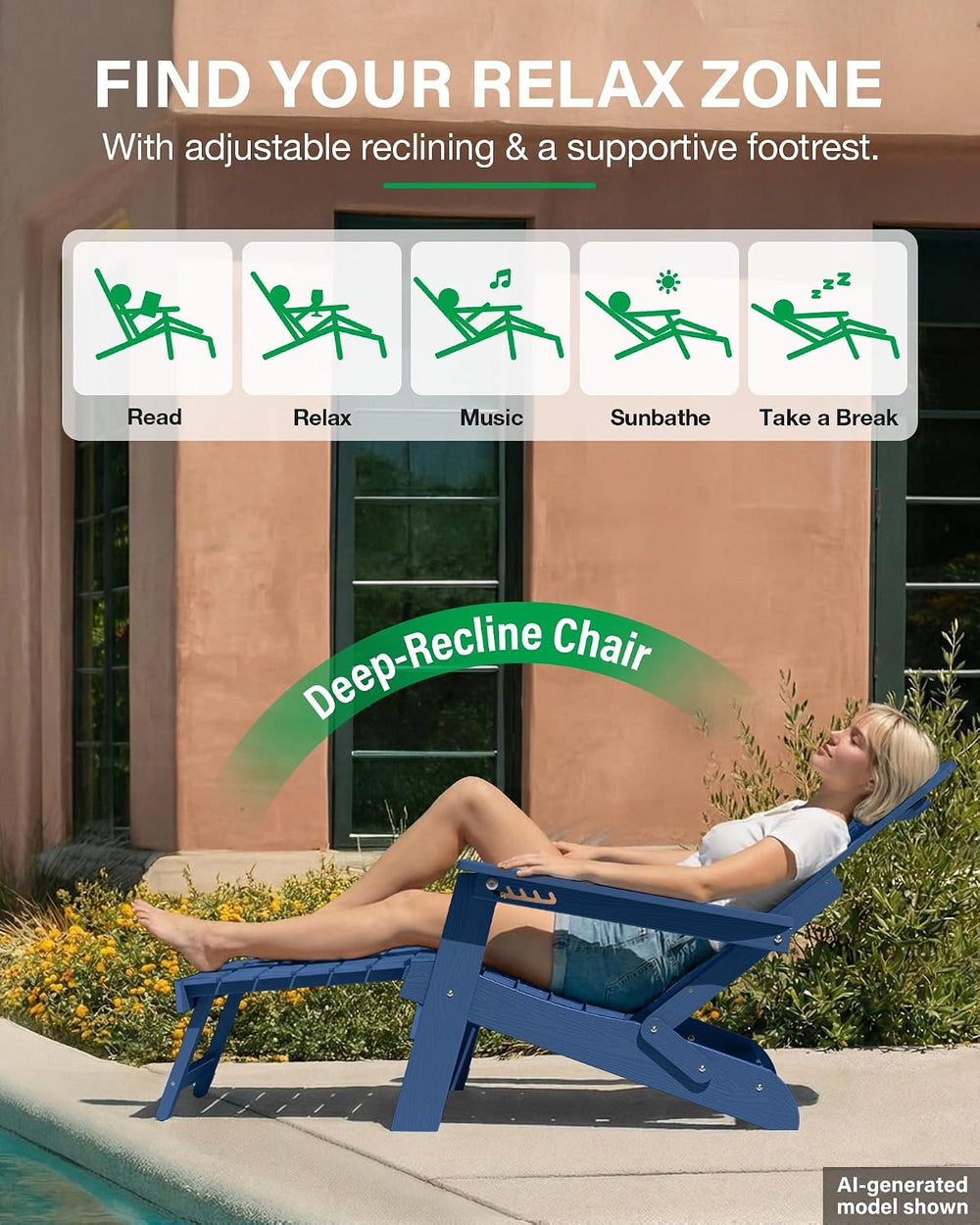 YEFU Adjustable Adirondack Chair with Footrest,All-Weather, Set of 4,Navy
