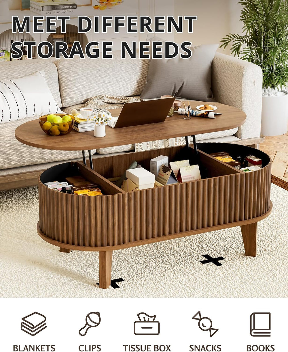 Oval Lift Top Coffee Table with Storage, 41" Wood Fluted Modern Living R...