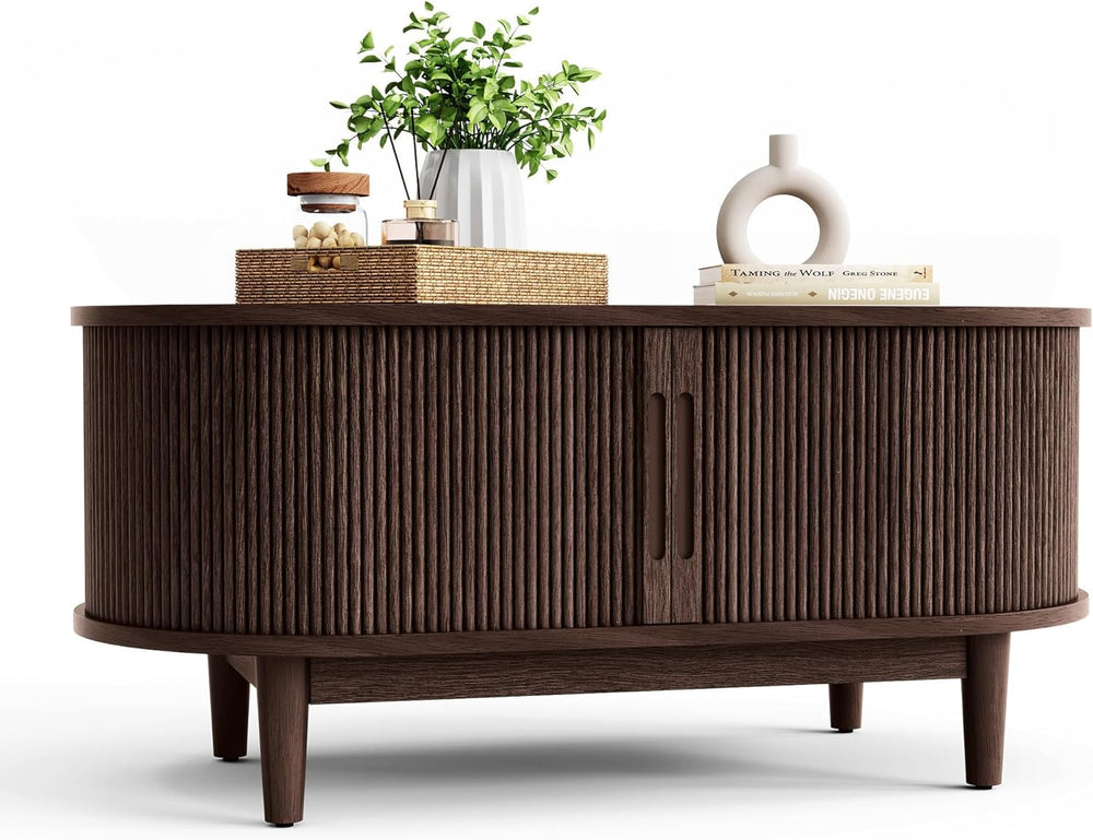 LINSY HOME Oval Coffee Table, Wood Coffee Table with Storage, Fluted Accent C...