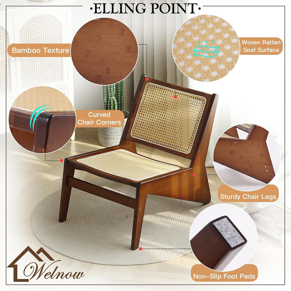 Welnow Mid Century Rattan Accent Chair with Woven Cane Backrest，Walnut