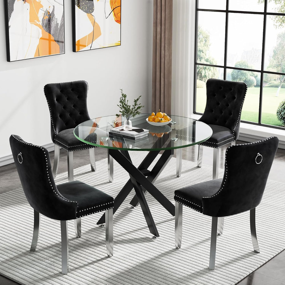 Henf 5 Piece Round Glass Dining Table Set, Modern Black Kitchen Dining Room T...