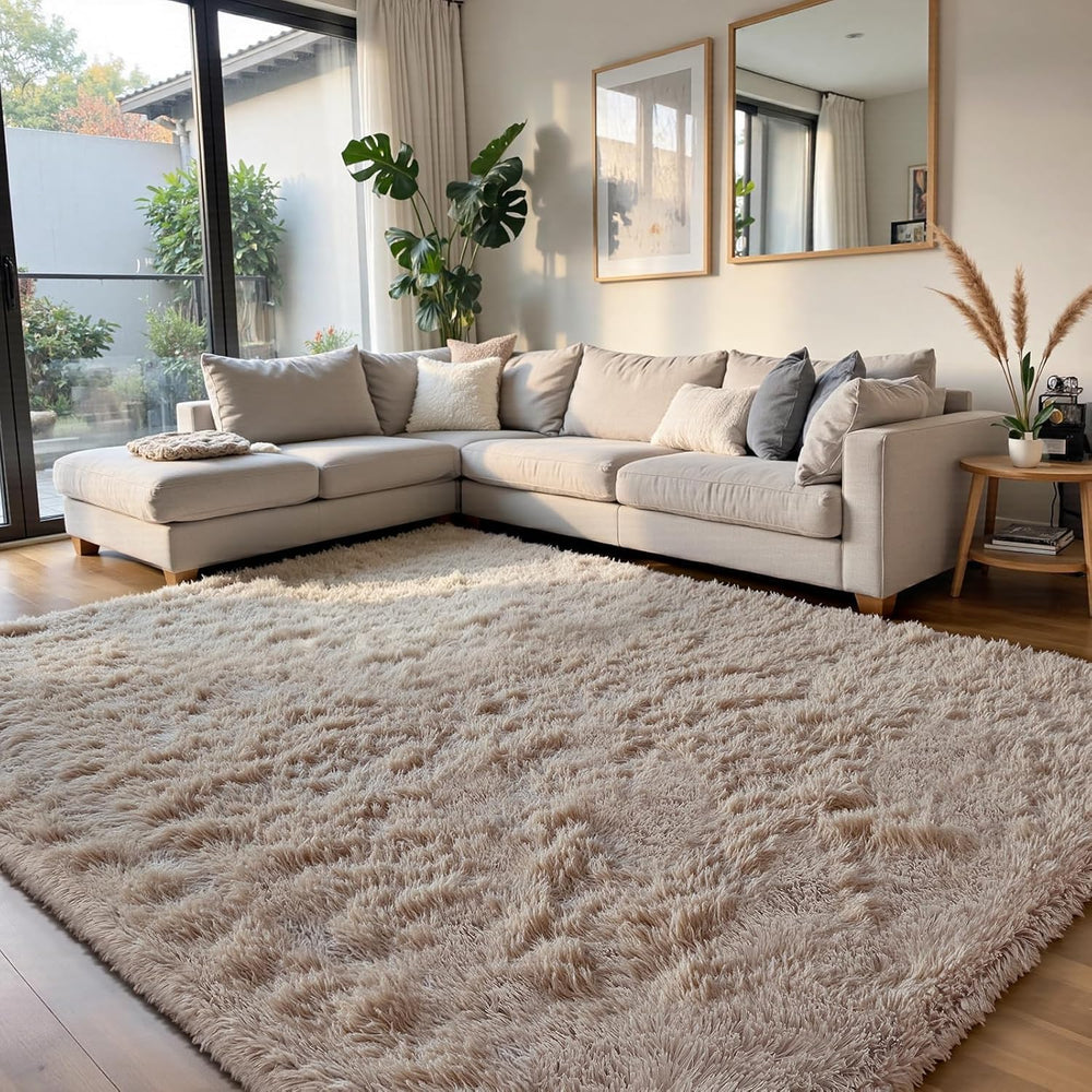 Beige 8x10 Area Rugs for Living Room, Fluffy Shag Rug Large Bedroom Carpet