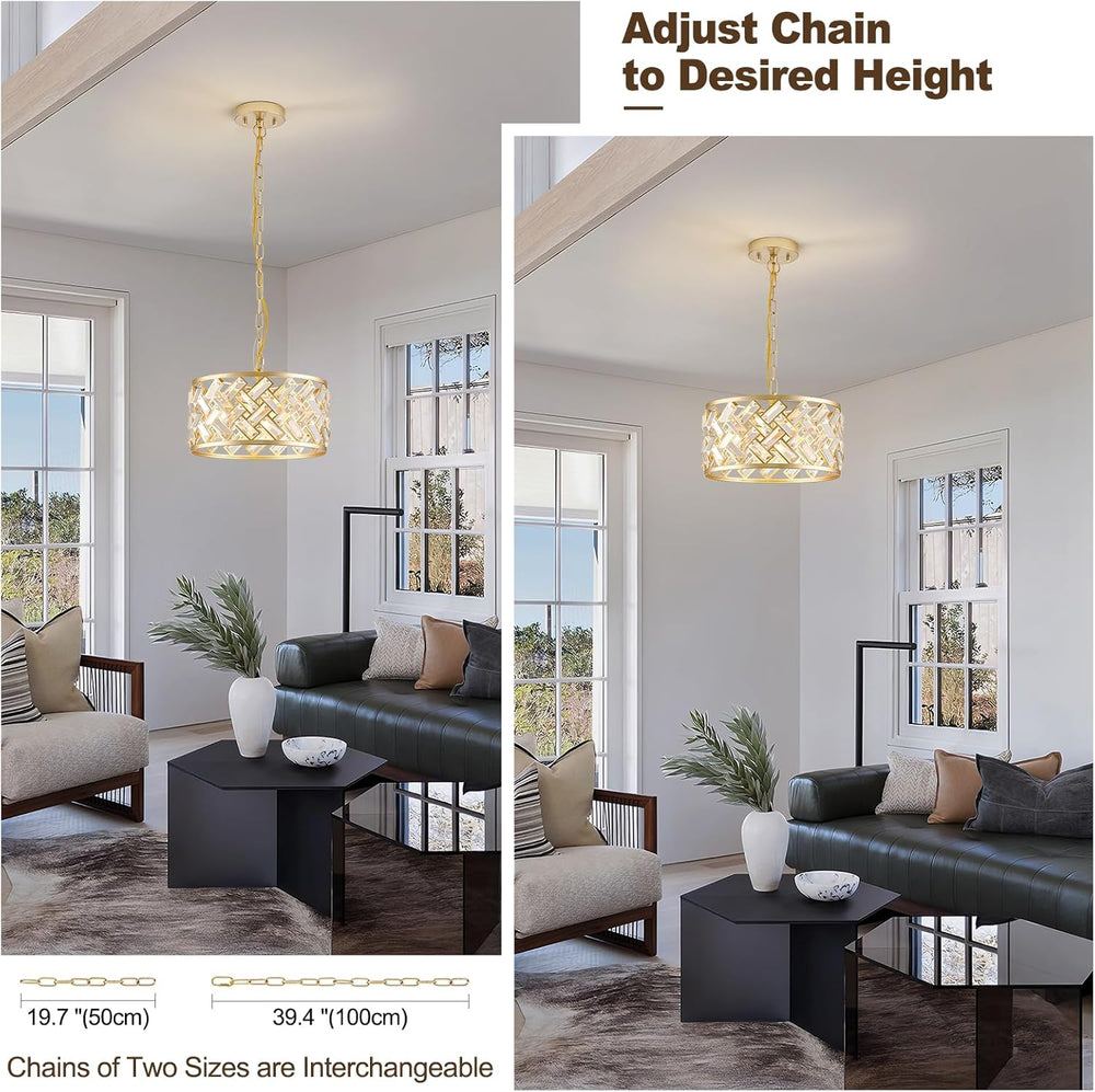 12.4" Gold Crystal Chandelier, Morden 3-Light Dining Room Light Fixture