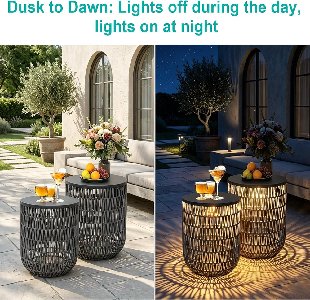 HMVPL Solar Patio Side Table Set of 2 with Dimmable Light, Round Outdoor Side...