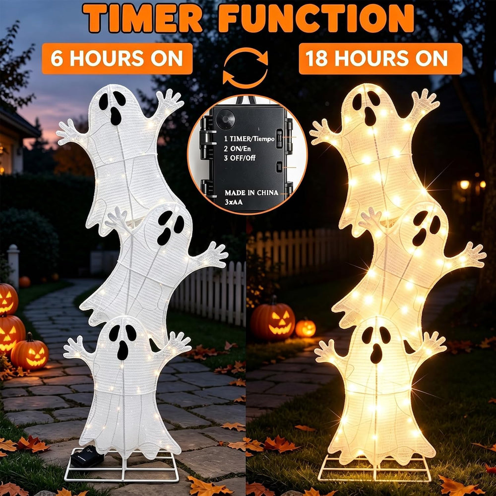 3-Tier Stacked Ghost Halloween Lighted Outdoor Display