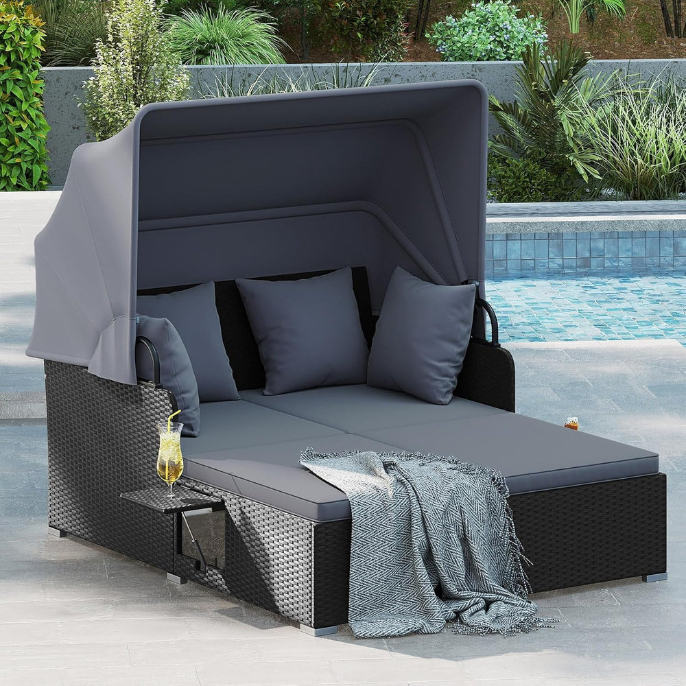 DREAMADE Outdoor Daybed with Canopy, 2 Person Rattan Patio Sunbed, Grey