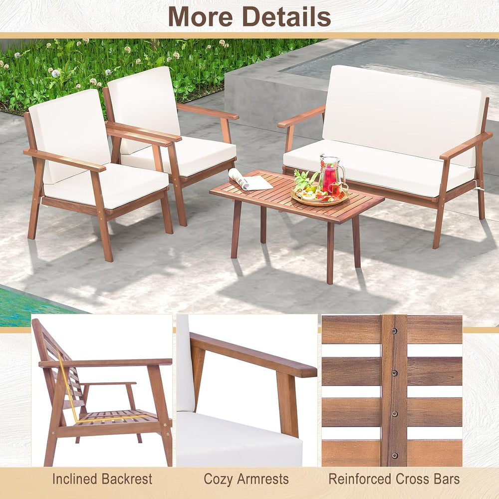 Tangkula 4 Piece Outdoor Conversation Set, Acacia Wood Sofa Set with Soft Sea...