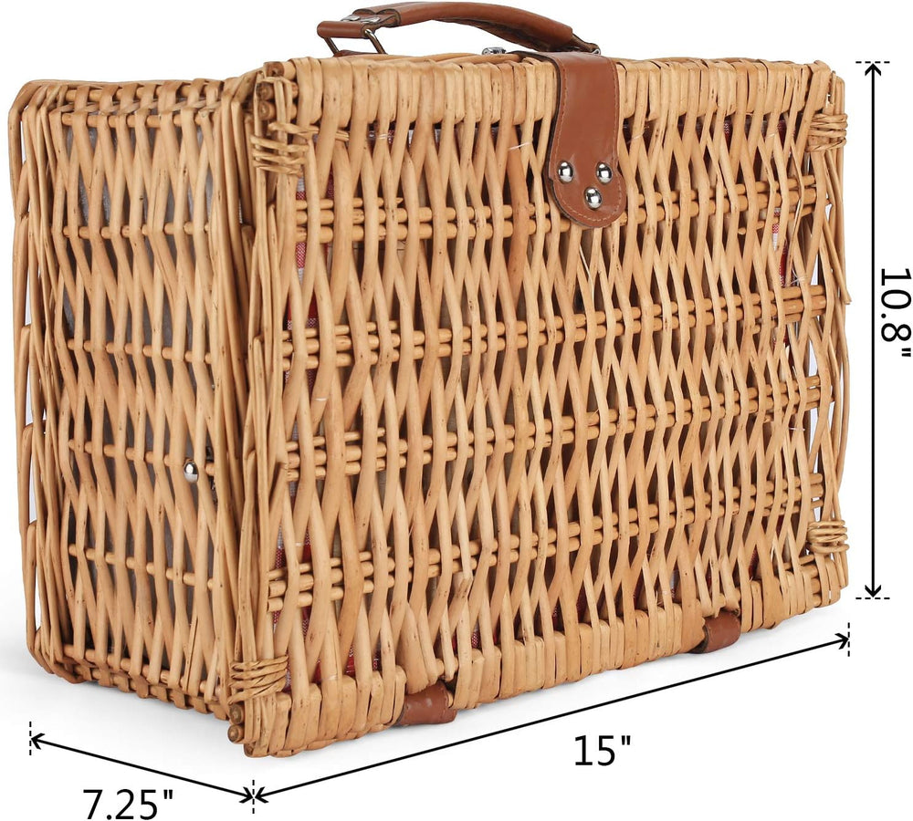 Wicker Picnic Basket for 2, Insulated Picnic Basket - Red Check
