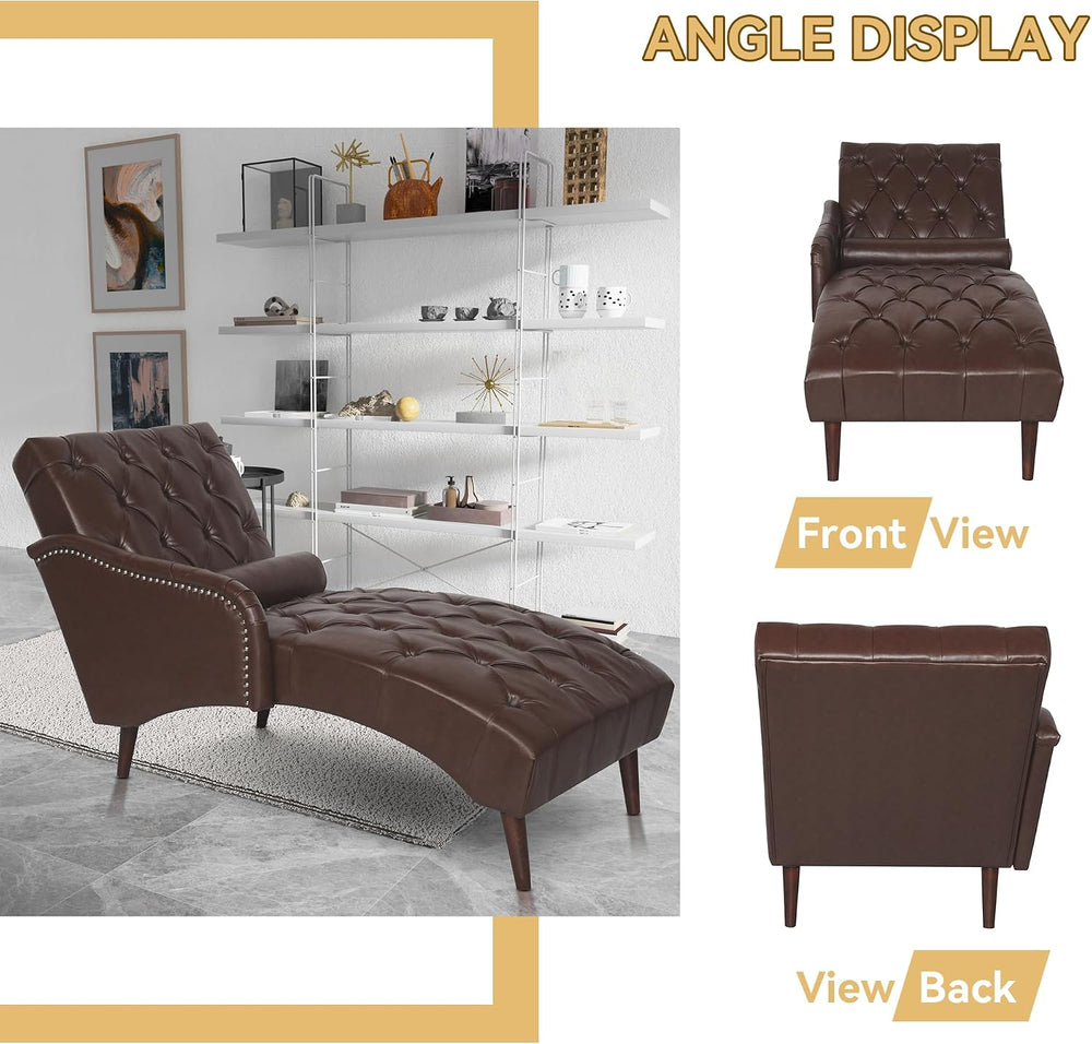 PU Leather Chaise Lounge Chair Indoor, Side Armrest, Dark Brown