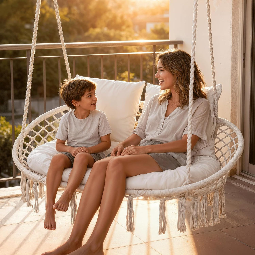 Magshion 2-Person Macrame Hanging Hammock Swing Chair, Beige