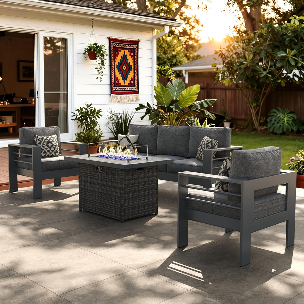 LayinSun Aluminum Furniture Set with Fire Pit Table, 4 Pieces Patio Sectional...