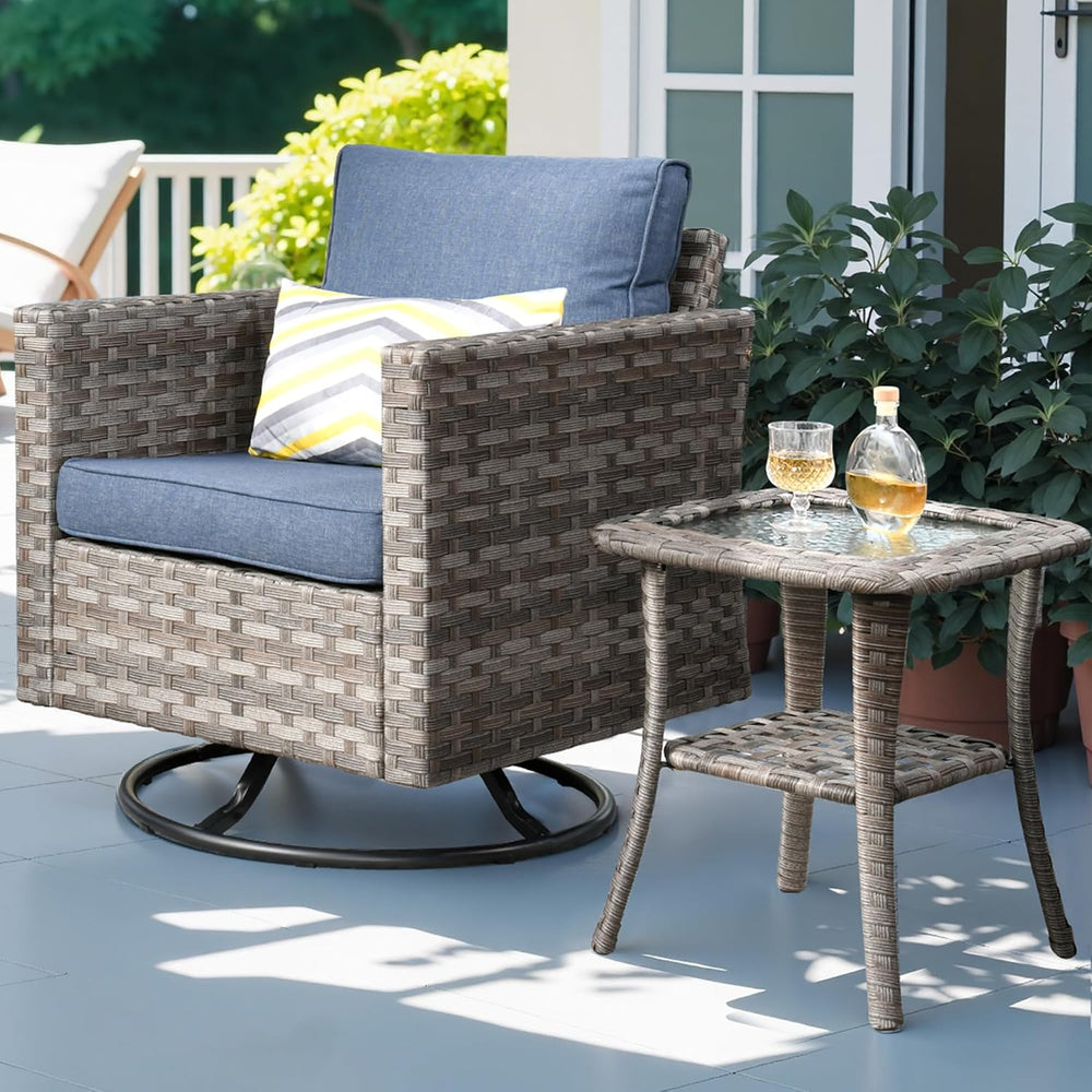 ovios Outdoor Side Table with Tempered Glass Top, Patio Wicker Rattan 2-Tier ...