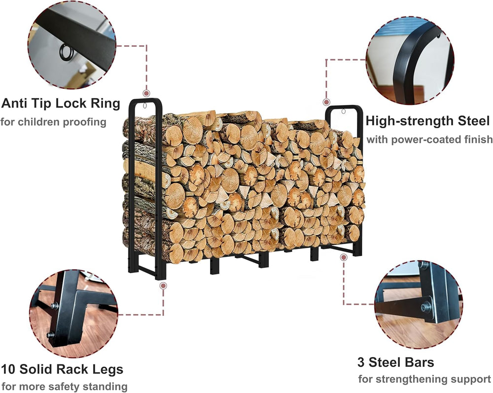 Firewood Rack Outdoor 8ft Heavy Duty Logs Holder for Indoor Fireplace Metal W...