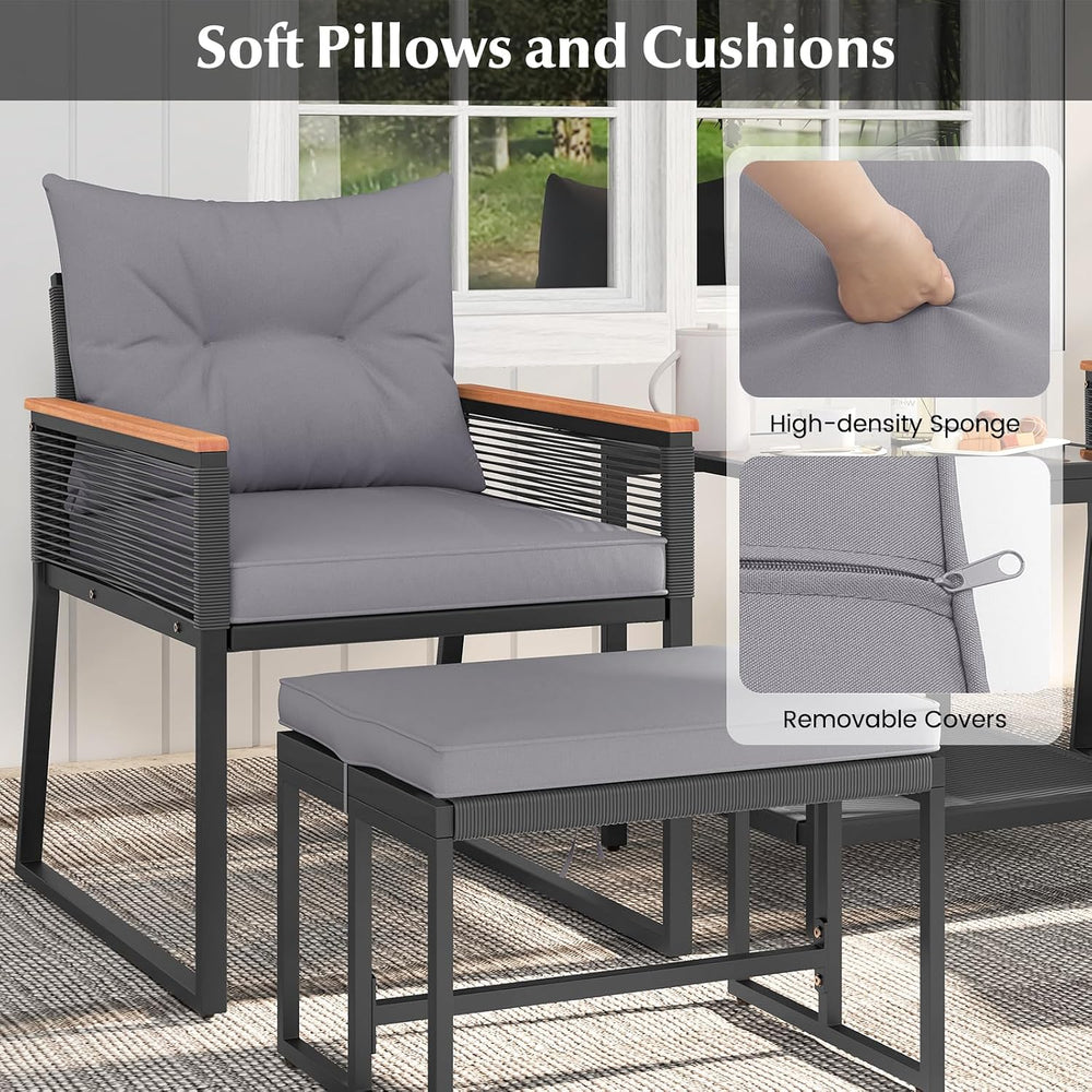 HAPPYGRILL 5 Piece Patio Conversation Set PE Rattan Wicker Chairs with 2 Otto...