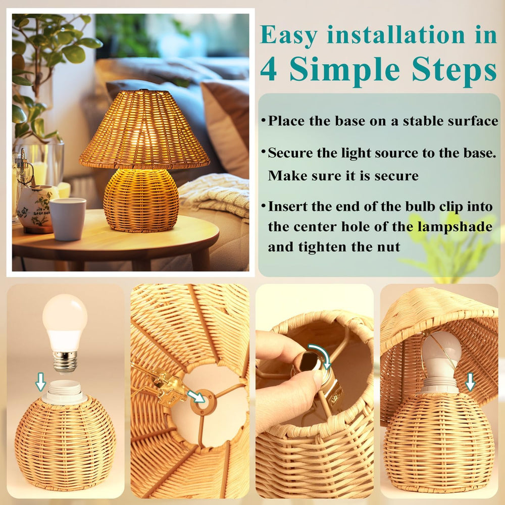 WERFOP Bamboo Table Lamp Handmade Boho Rattan Bedside Lamp,3 Colors Adjustabl...