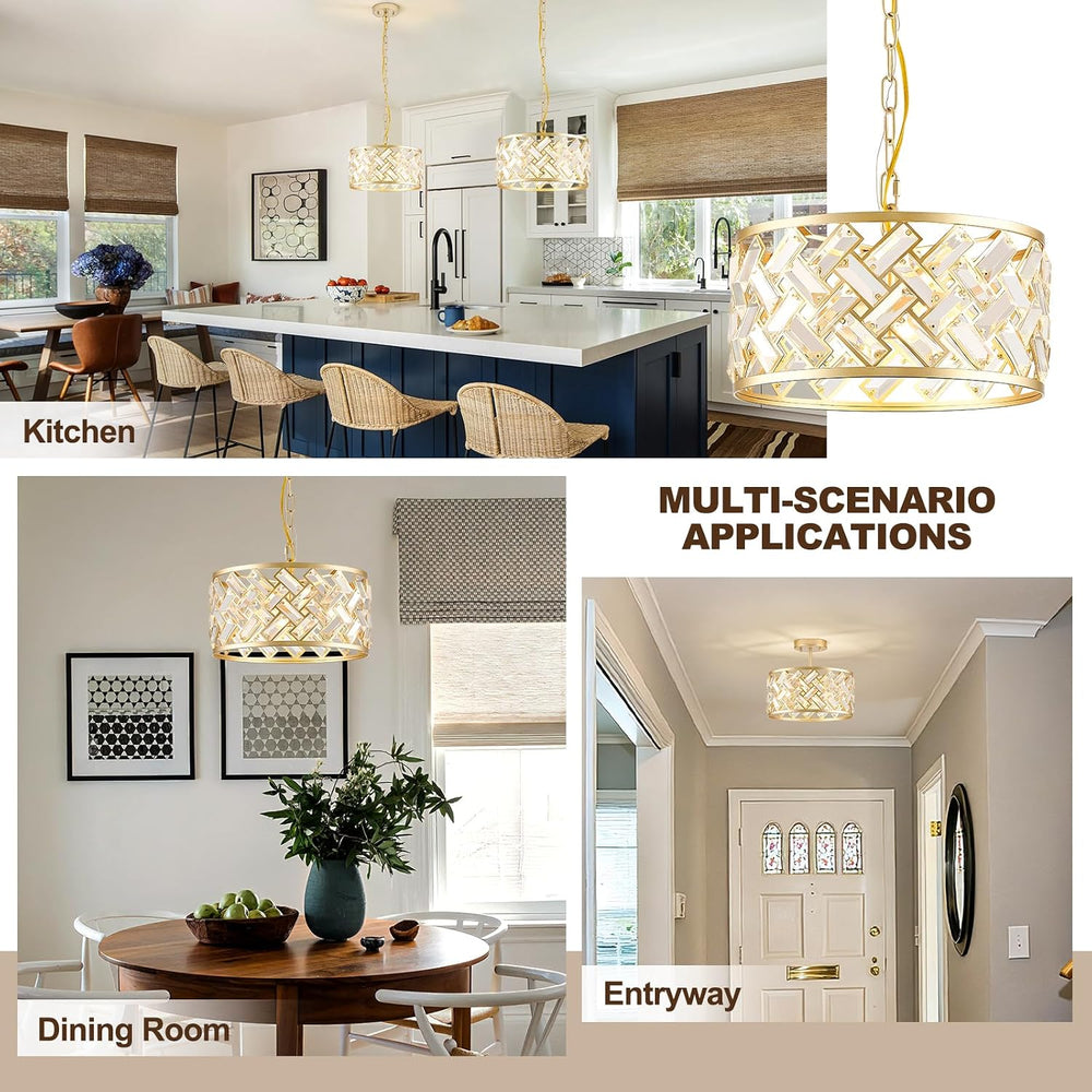 12.4" Gold Crystal Chandelier, Morden 3-Light Dining Room Light Fixture