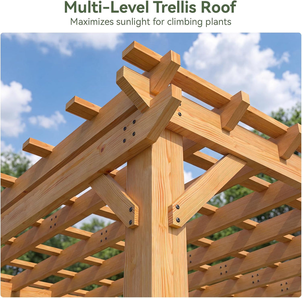 Aoxun Cedar Wood Pergola 10x12, Multi-Level Trellis Roof,100MPH Wind Rating