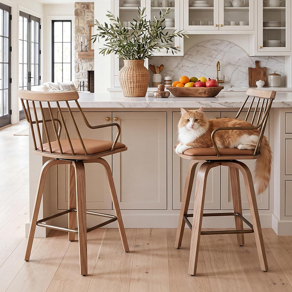 HNY Swivel Counter Height Bar Stools Set of 2, Brown Faux Leather Barstools