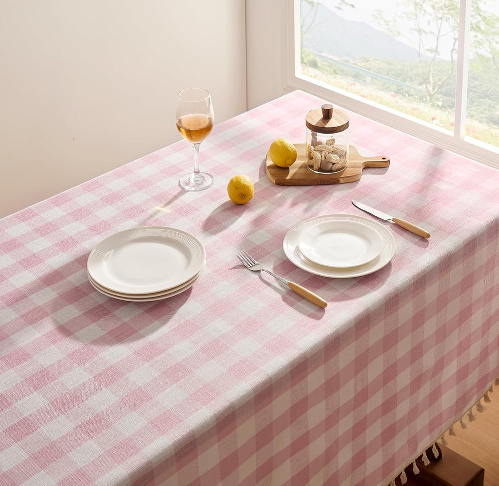 Softalker Gingham Rectangle Tablecloth with Tassel, Pink, 55" x 102"
