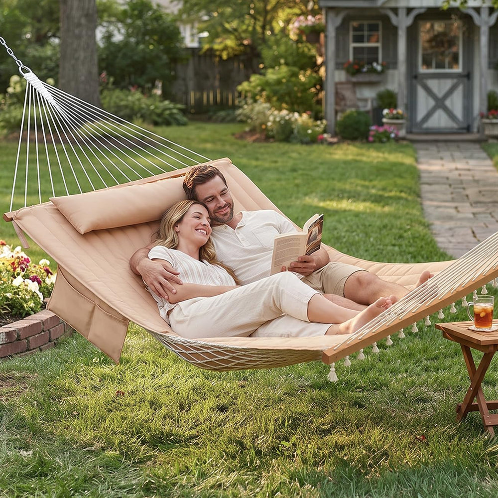 GAFETE 12FT 2 Person Handwoven Rope Hammock for Outside with Removable Pad