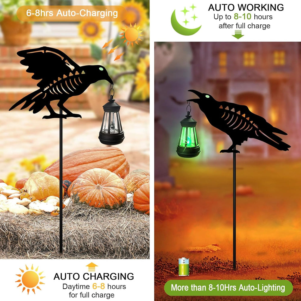 Solar Halloween Decorations Outdoor,2 Pack Metal Black Crow Yard Sign Stake