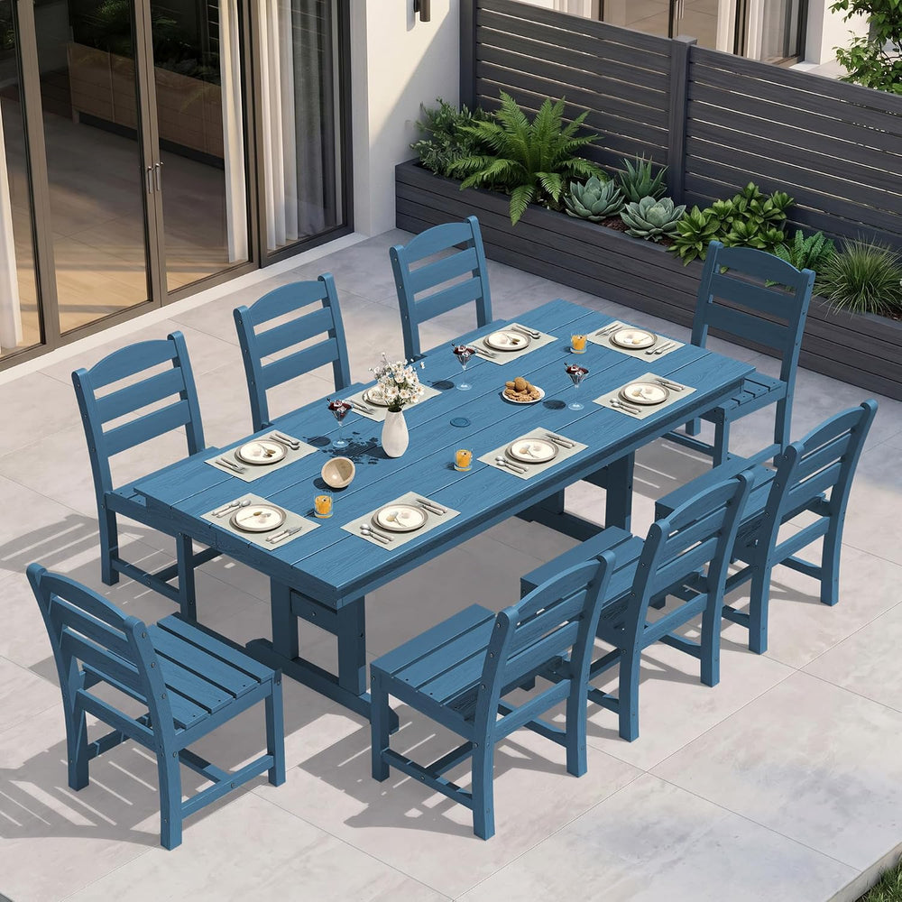 KINGYES Outdoor Dining Set,84'' Table w/Umbrella Hole & Armless C...