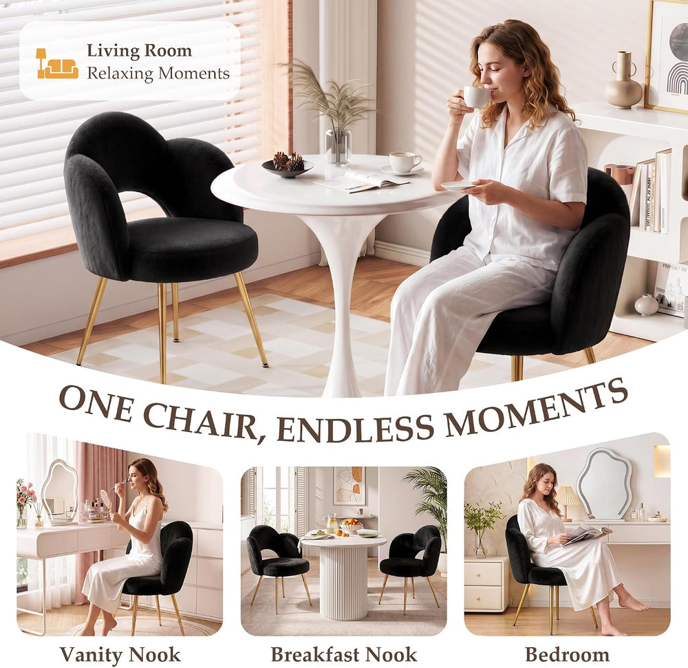 Fluffy Vanity Chair with Back, Makeup Chair with Gold Legs, Black