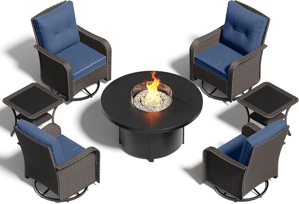 Gotland Outdoor Swivel Chairs Set of 2, 7-Pieces Patio Furniture Set with Rou...