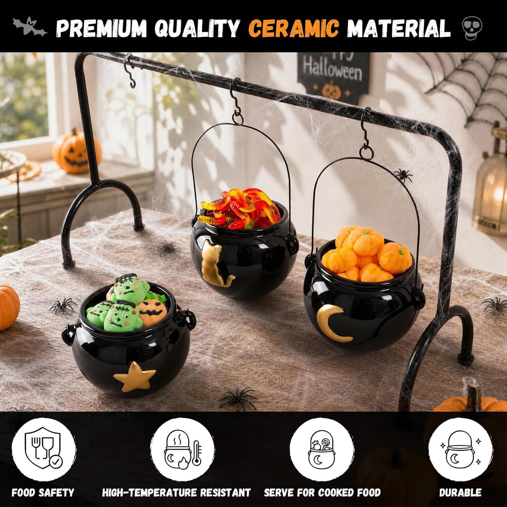 Halloween Decorations 3 Ceramic Witches Cauldron Candy Serving Bowl on Rack, ...