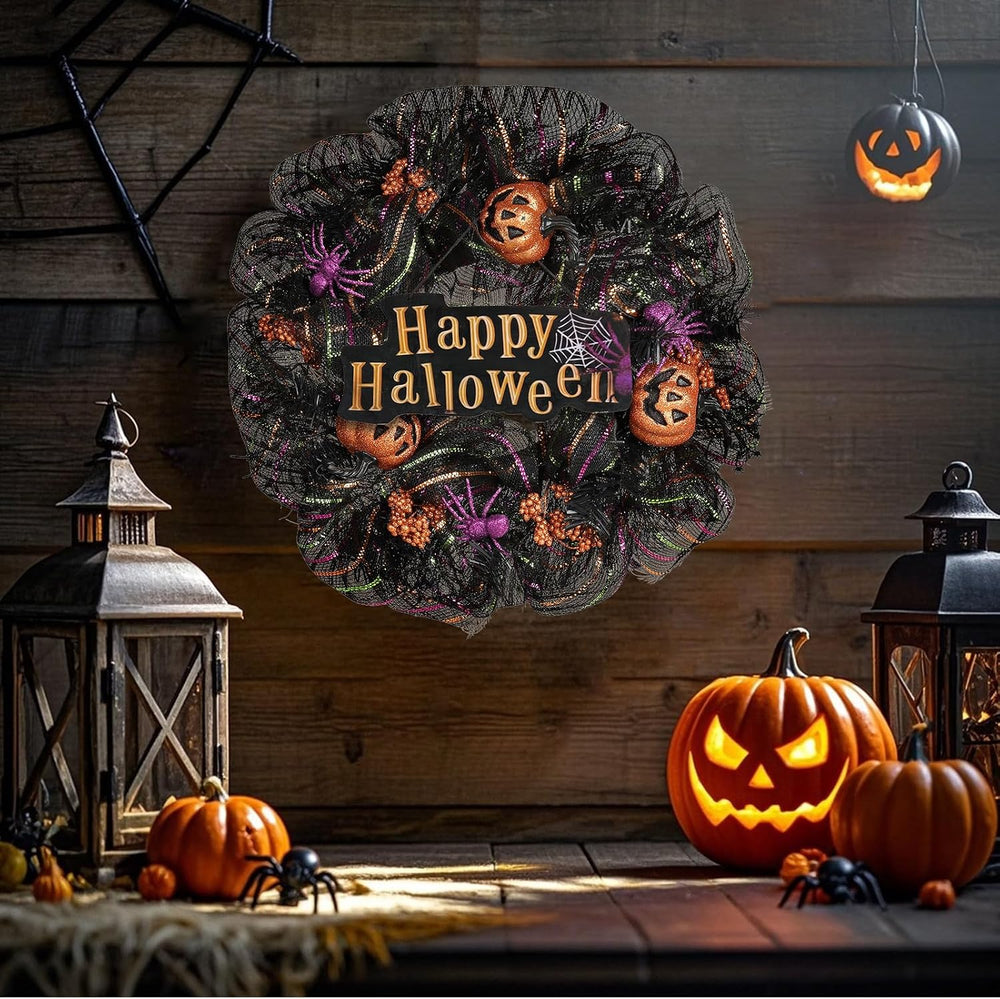 24 inch Wreath, Halloween Wreath for Front Door, Halloween Spider Decor Pumpk...