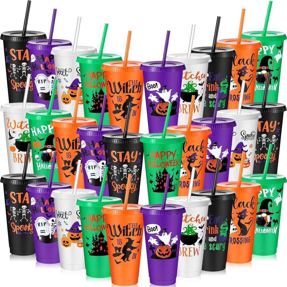 Chuangdi 30 Pack Halloween Tumblers with Lids Straws 24 oz Pumpkin