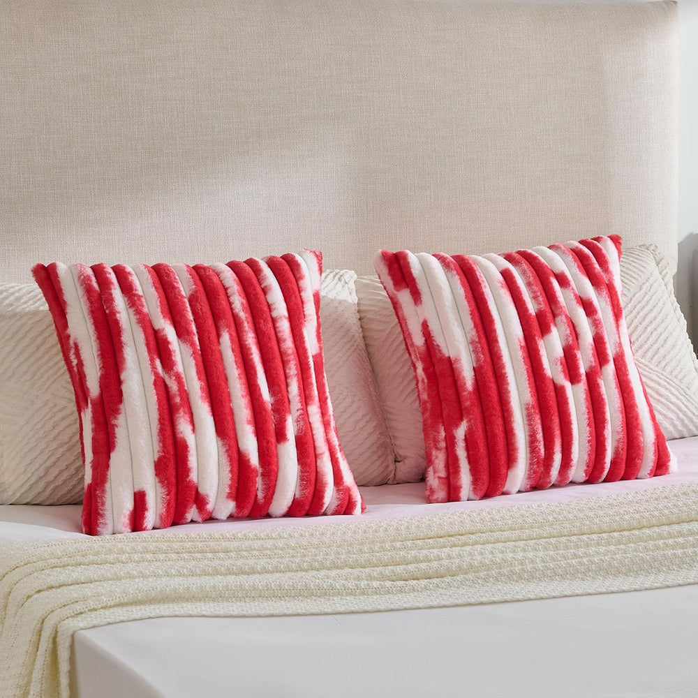 FUTEI Pack of 2 Faux Fur Throw Pillow Covers 26x26 Inch, Red White