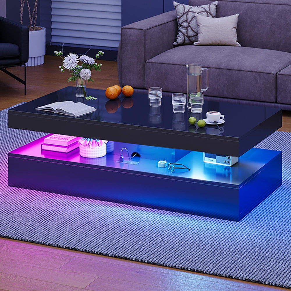 47" High-Glossy LED Coffee Table with 2 Sliding Drawers,Black