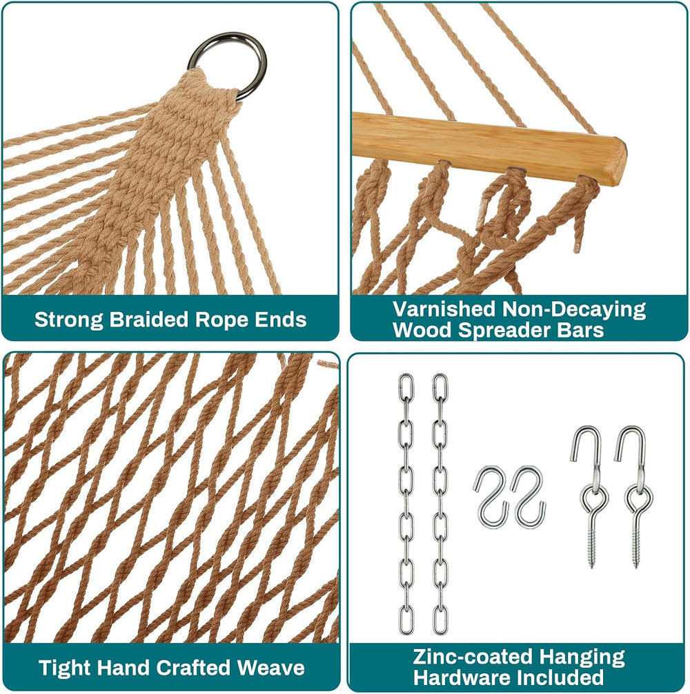 JoyView Outdoor Double Rope Hammock with Hardwood Spreader Bars and Pillow