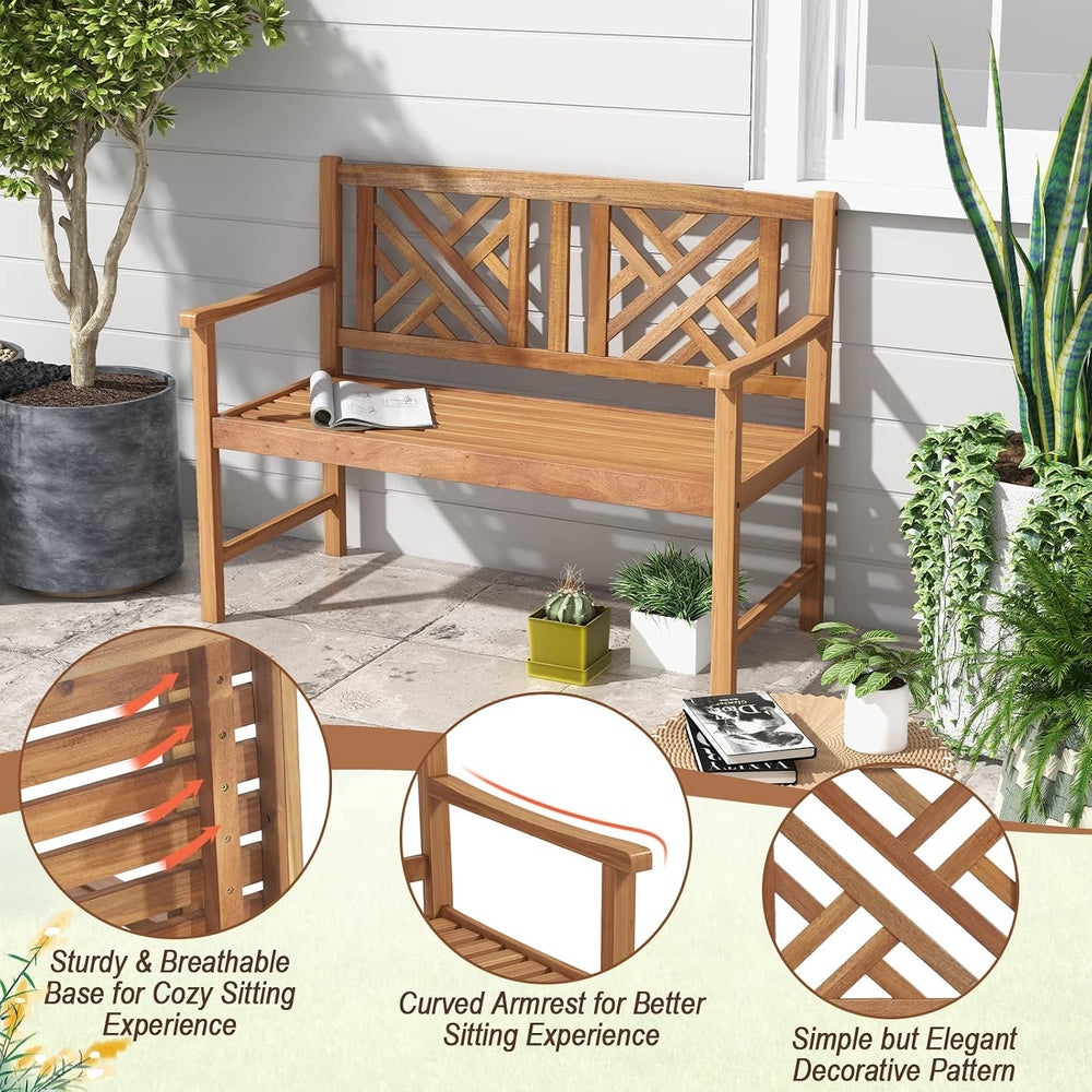 Giantex Outdoor Wooden Garden Bench - 2-Person Acacia Wood Loveseat with Armr...