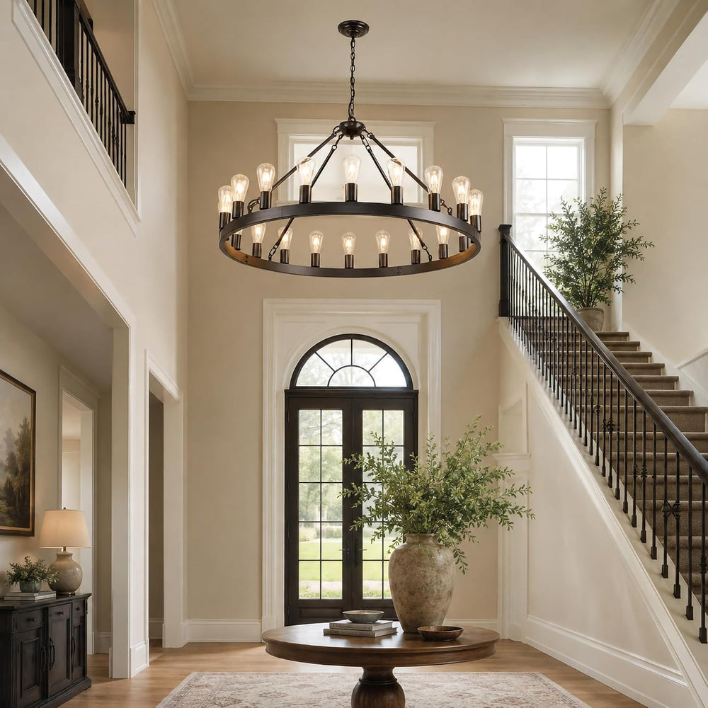 Black Wagon Wheel Chandelier, 40 Inch 20-Light Round Farmhouse Pendant Light ...