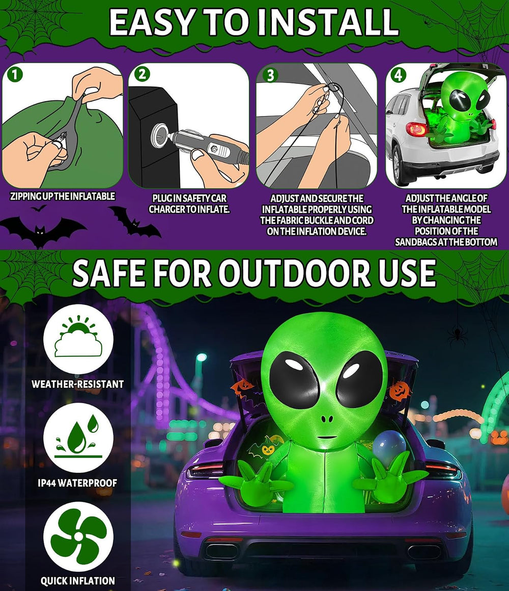 3 FT Trunk or Treat Car Decorations Kit Halloween Inflatable Alien