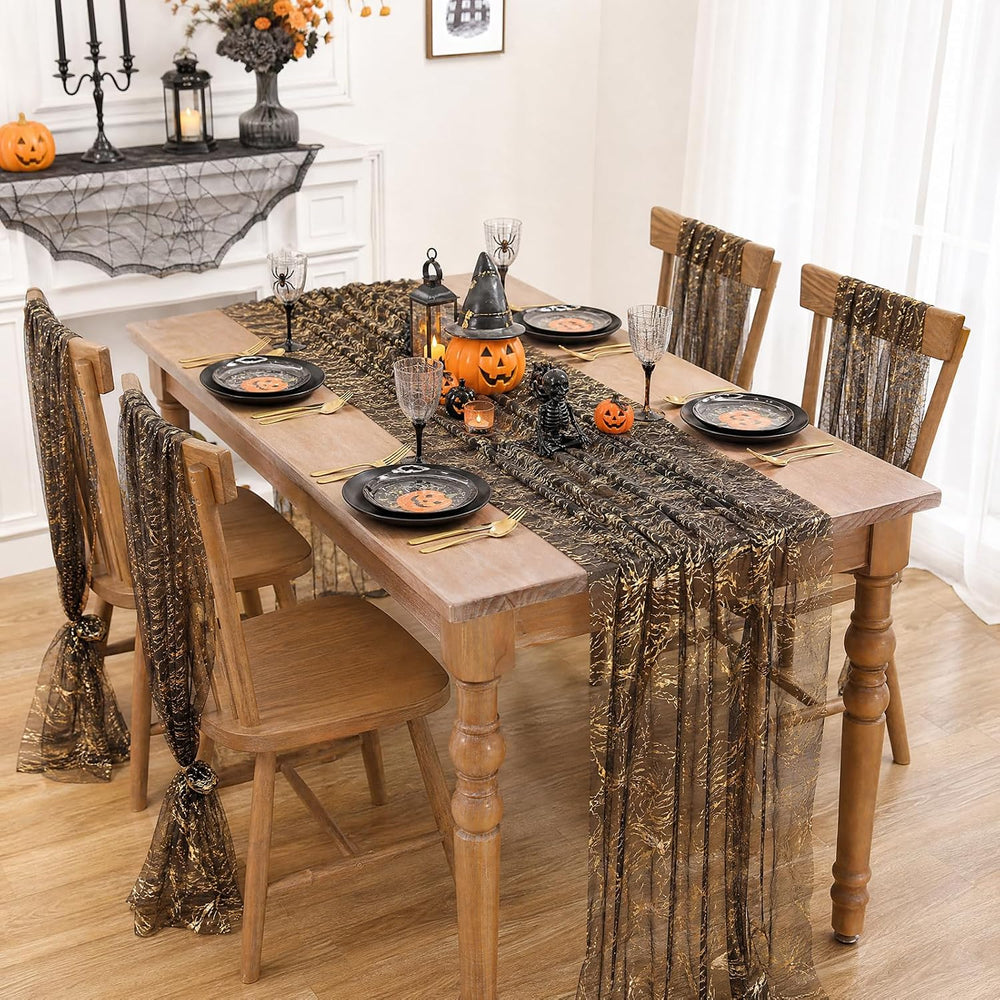 Halloween Black Table Runner Gold Party Decorations 10ft 3pcs Gauze Tulle