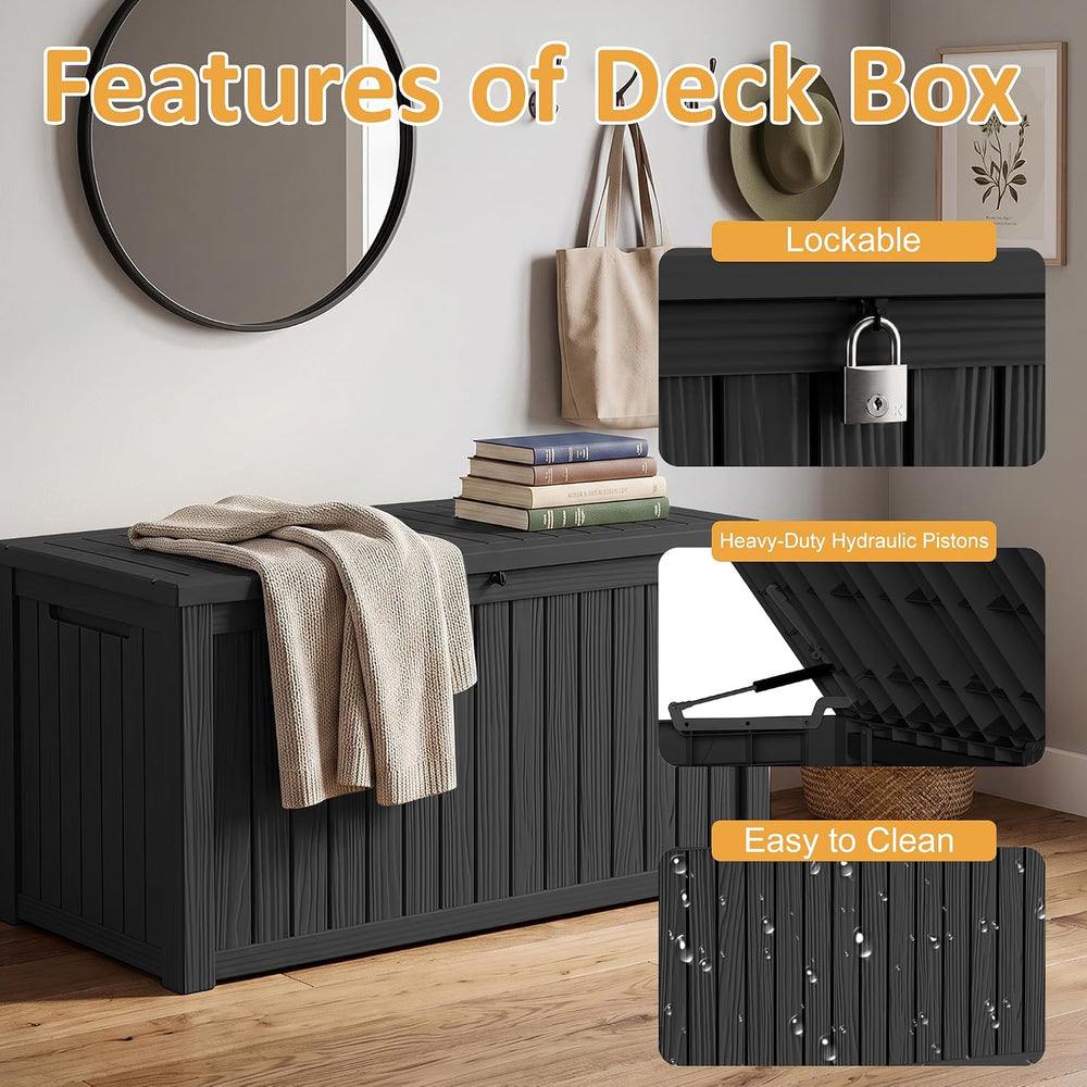 200Gal Lockable Waterproof Deck Box, Sturdy Bench for Patio & Garden Black