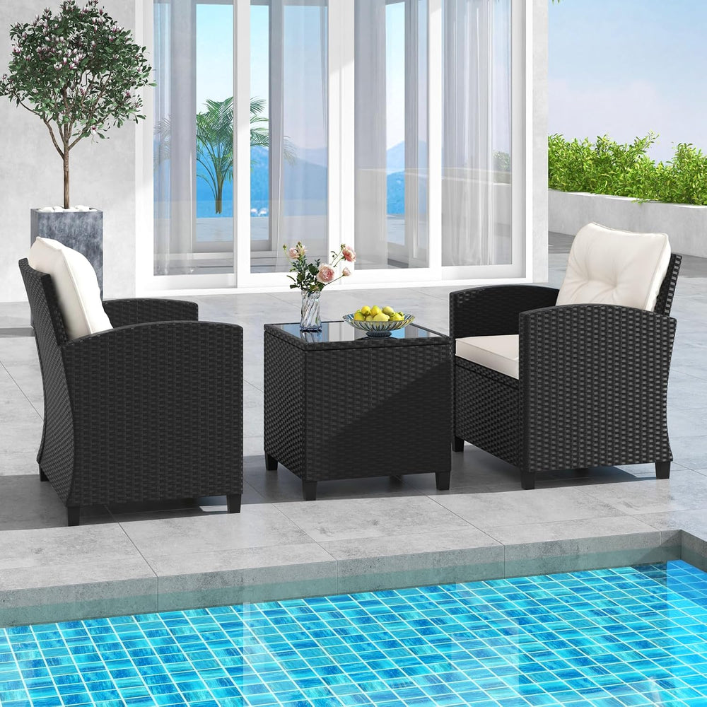 HAPPYGRILL 3 Pieces Wicker Patio Conversation Set, PE Rattan Bistro Sofa Set ...