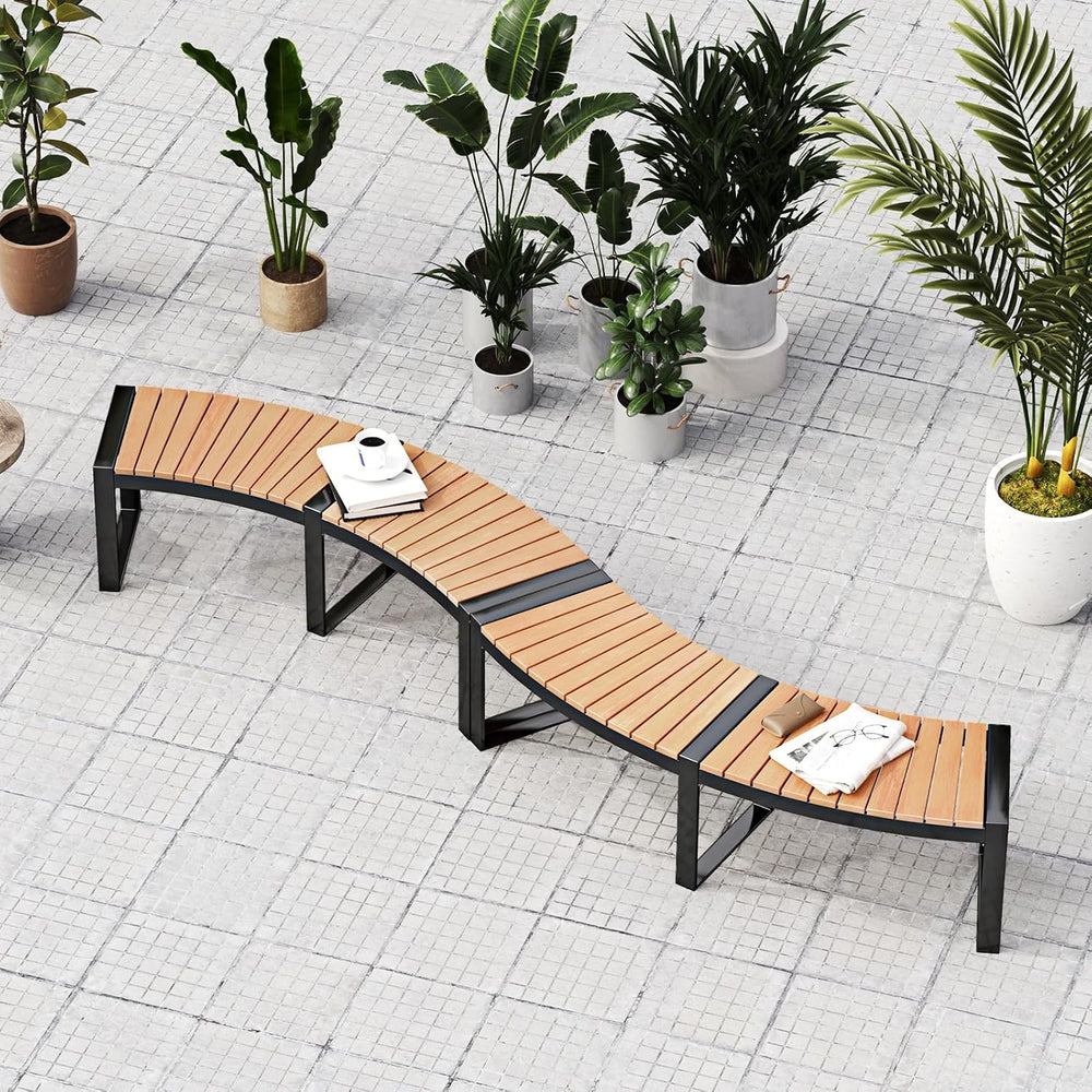Tangkula Patio Curved Bench, Acacia Wood Fire Pit Bench w/Slatted Seat & ...