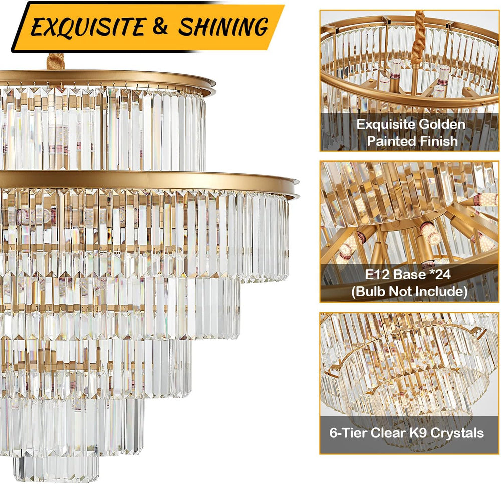 35" 24-Light Modern Crystal Chandelier Light Fixture Large 6-Tier Gold L...