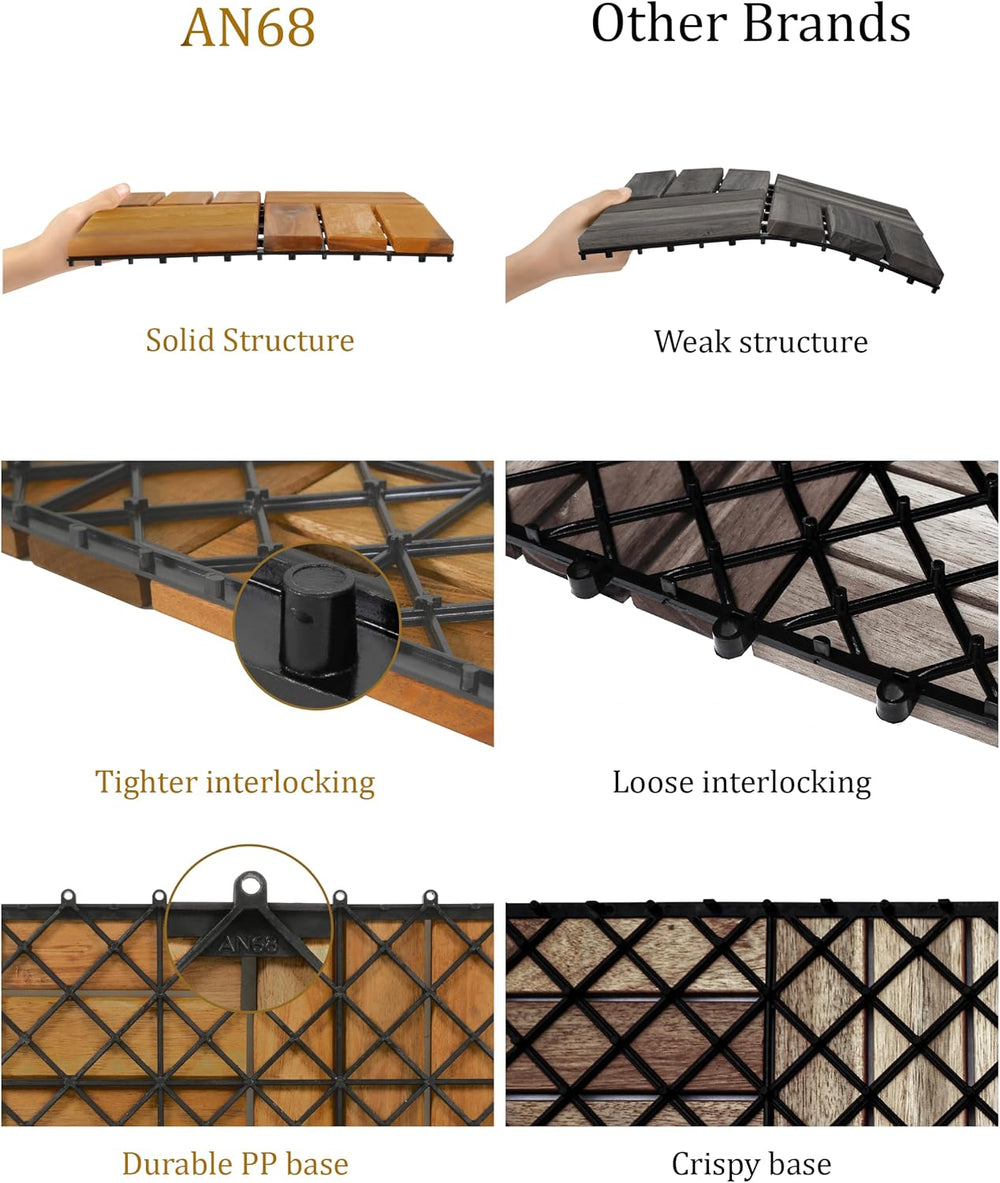 Interlocking Deck Tiles, 10 PCS 12" x 12" Acacia Wood, Natural Color