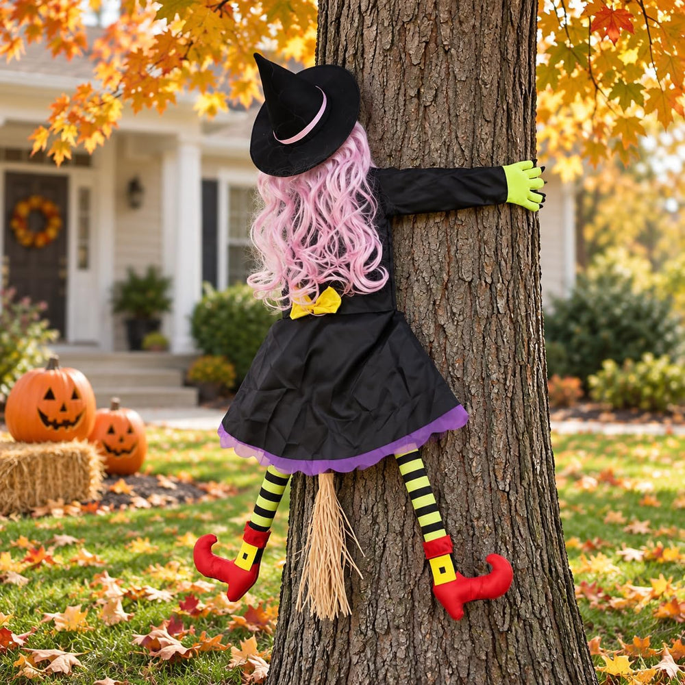 Halloween Decoration Outdoor, Tree Hugging Witch with Pink Hair