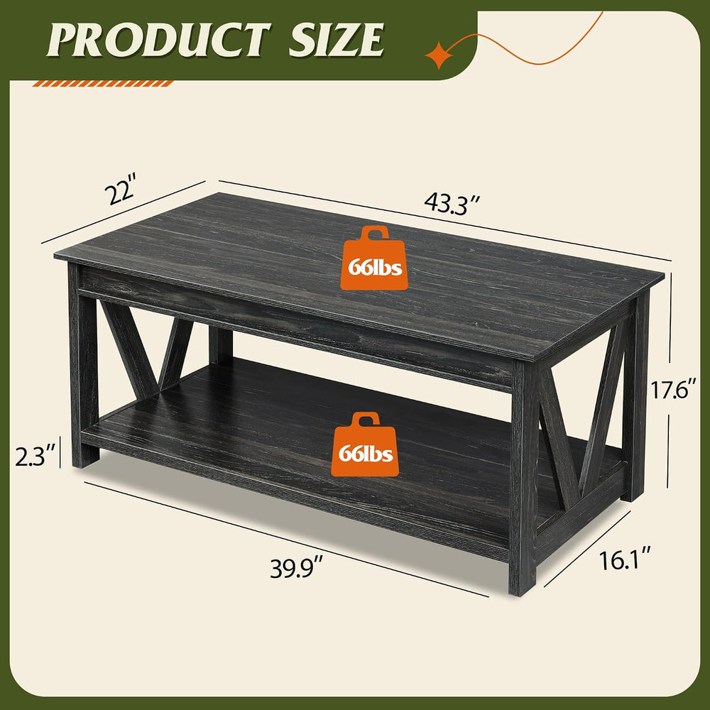 WLIVE Coffee Table, 43.3 Inch Farmhouse Table with Storage Shelf, Black